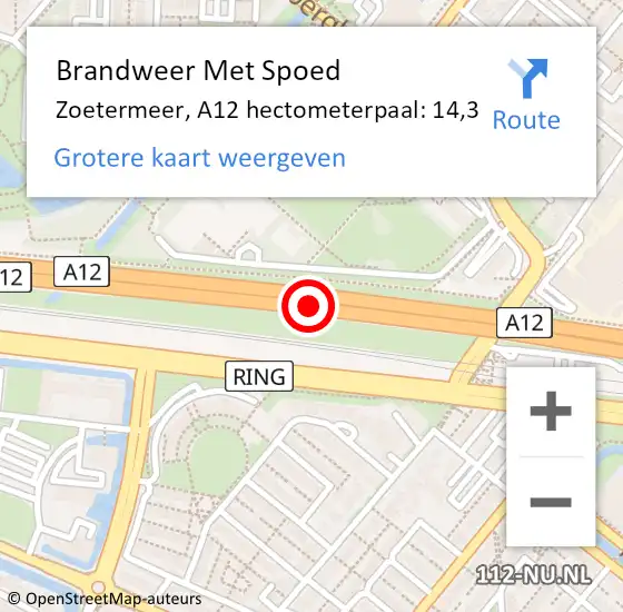 Locatie op kaart van de 112 melding: Brandweer Met Spoed Naar Zoetermeer, A12 hectometerpaal: 14,3 op 24 juli 2021 07:08