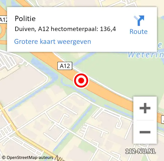 Locatie op kaart van de 112 melding: Politie Duiven, A12 hectometerpaal: 136,4 op 24 juli 2021 08:26