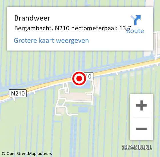 Locatie op kaart van de 112 melding: Brandweer Bergambacht, N210 hectometerpaal: 13,7 op 24 juli 2021 10:06