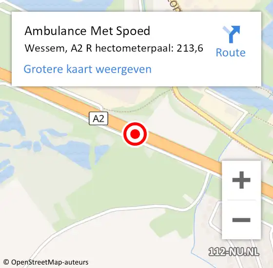 Locatie op kaart van de 112 melding: Ambulance Met Spoed Naar Wessem, A2 R hectometerpaal: 213,6 op 17 juni 2014 14:16