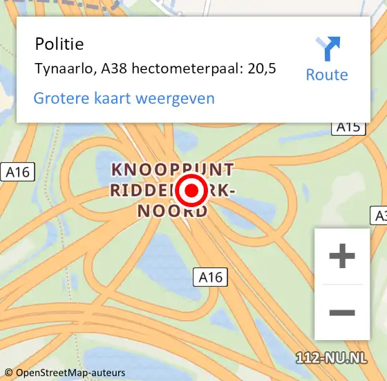 Locatie op kaart van de 112 melding: Politie Tynaarlo, A38 hectometerpaal: 20,5 op 24 juli 2021 11:02