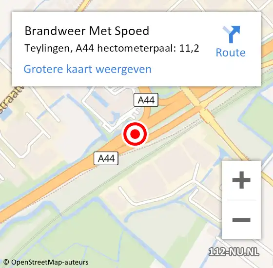 Locatie op kaart van de 112 melding: Brandweer Met Spoed Naar Teylingen, A44 hectometerpaal: 11,2 op 24 juli 2021 11:14