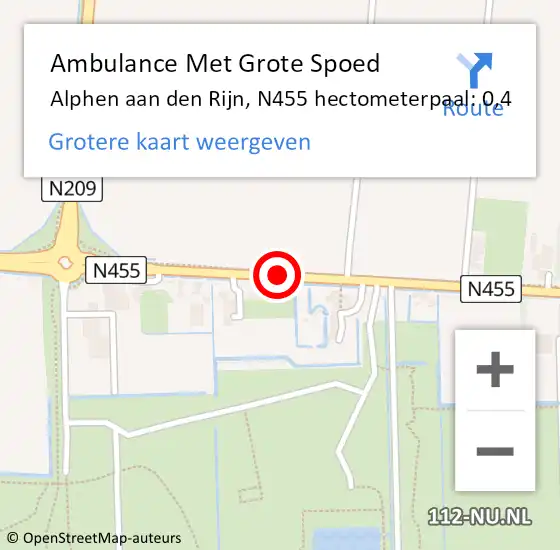 Locatie op kaart van de 112 melding: Ambulance Met Grote Spoed Naar Alphen aan den Rijn, N455 hectometerpaal: 0,4 op 24 juli 2021 12:45