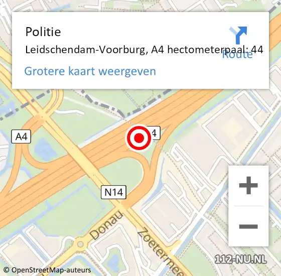 Locatie op kaart van de 112 melding: Politie Leidschendam-Voorburg, A4 hectometerpaal: 44 op 24 juli 2021 13:49