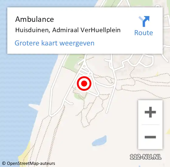 Locatie op kaart van de 112 melding: Ambulance Huisduinen, Admiraal VerHuellplein op 24 juli 2021 14:08