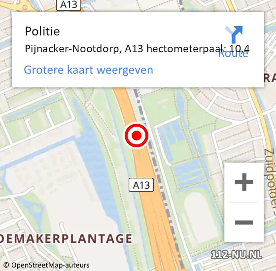 Locatie op kaart van de 112 melding: Politie Pijnacker-Nootdorp, A13 hectometerpaal: 10,4 op 24 juli 2021 14:22