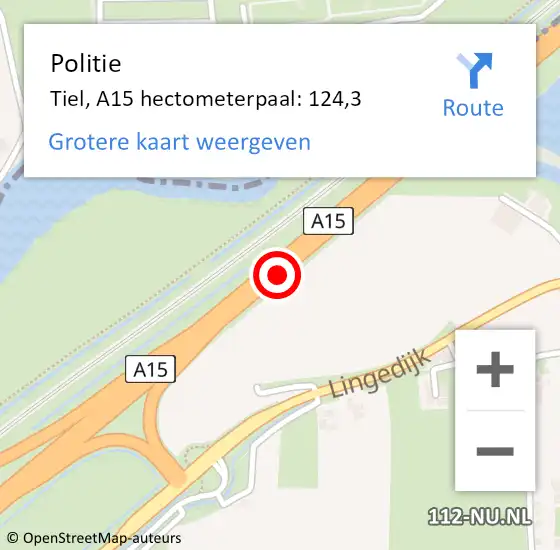 Locatie op kaart van de 112 melding: Politie Tiel, A15 hectometerpaal: 124,3 op 24 juli 2021 14:57