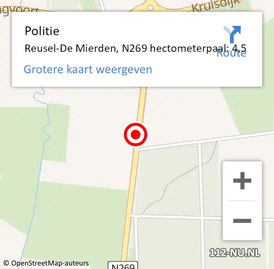 Locatie op kaart van de 112 melding: Politie Reusel-De Mierden, N269 hectometerpaal: 4,5 op 24 juli 2021 15:48