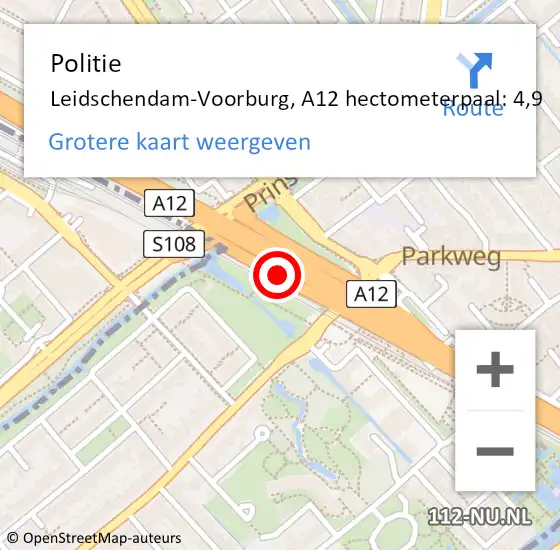 Locatie op kaart van de 112 melding: Politie Den Haag, A12 hectometerpaal: 4,9 op 24 juli 2021 17:13