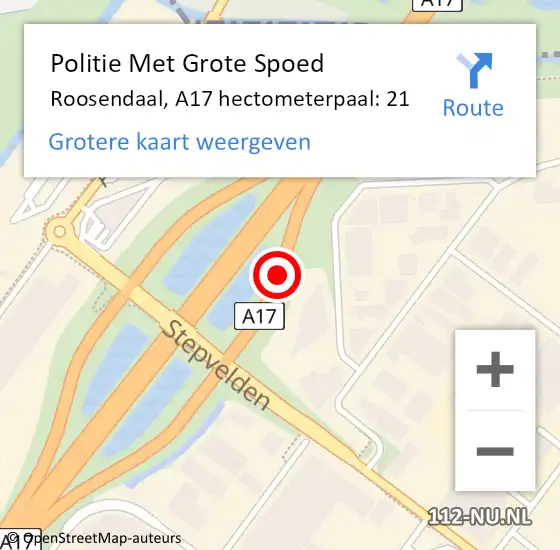 Locatie op kaart van de 112 melding: Politie Met Grote Spoed Naar Roosendaal, A17 hectometerpaal: 21 op 24 juli 2021 18:53