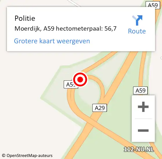 Locatie op kaart van de 112 melding: Politie Moerdijk, A59 hectometerpaal: 56,7 op 24 juli 2021 19:21