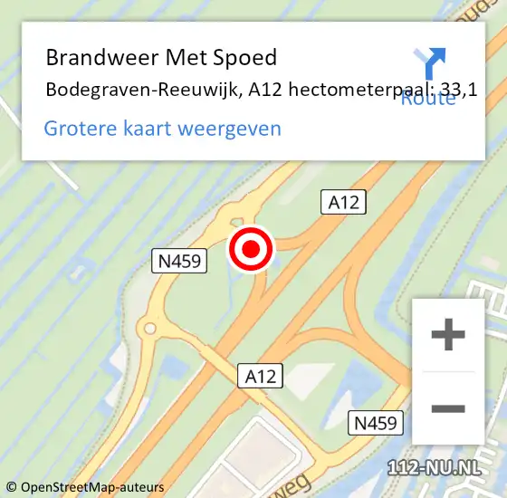 Locatie op kaart van de 112 melding: Brandweer Met Spoed Naar Bodegraven-Reeuwijk, A12 hectometerpaal: 33,1 op 24 juli 2021 19:35