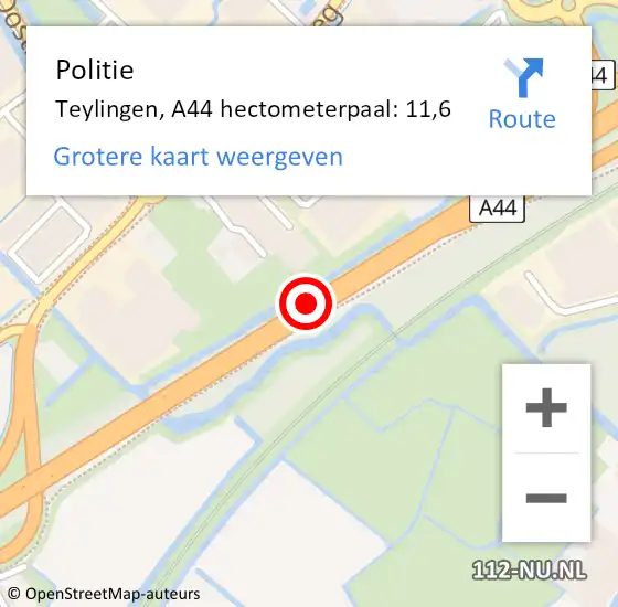 Locatie op kaart van de 112 melding: Politie Teylingen, A44 hectometerpaal: 11,6 op 24 juli 2021 22:04