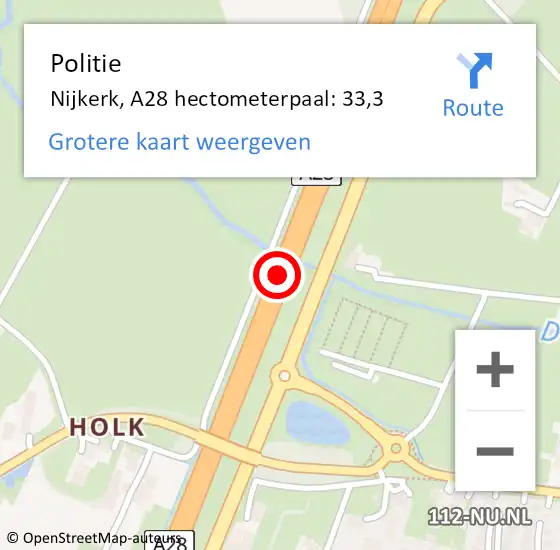 Locatie op kaart van de 112 melding: Politie Nijkerk, A28 hectometerpaal: 33,3 op 24 juli 2021 22:19