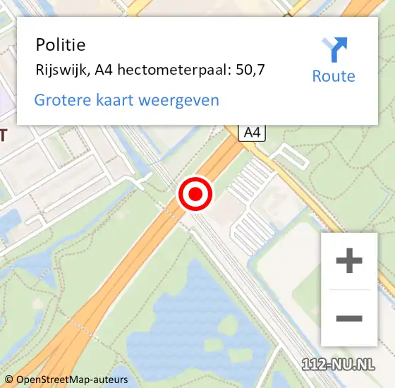 Locatie op kaart van de 112 melding: Politie Rijswijk, A4 hectometerpaal: 50,7 op 25 juli 2021 00:06