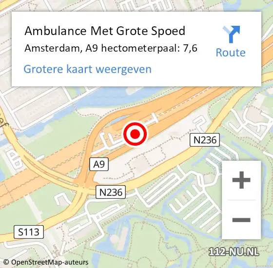 Locatie op kaart van de 112 melding: Ambulance Met Grote Spoed Naar Amsterdam, A9 hectometerpaal: 7,6 op 25 juli 2021 04:05