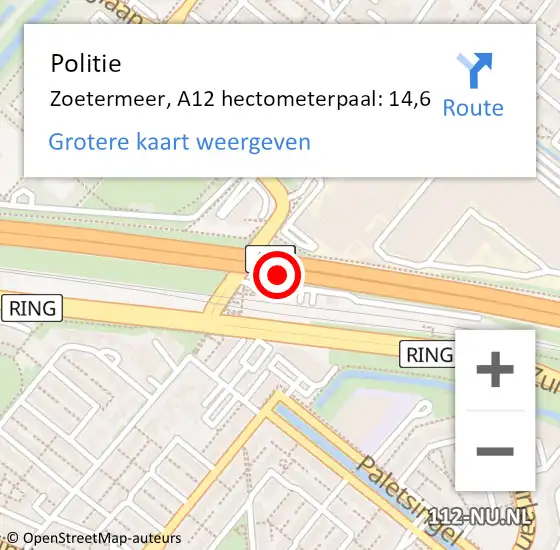 Locatie op kaart van de 112 melding: Politie Zoetermeer, A12 hectometerpaal: 14,6 op 25 juli 2021 07:30