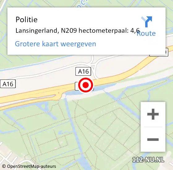 Locatie op kaart van de 112 melding: Politie Lansingerland, N209 hectometerpaal: 4,6 op 25 juli 2021 09:13