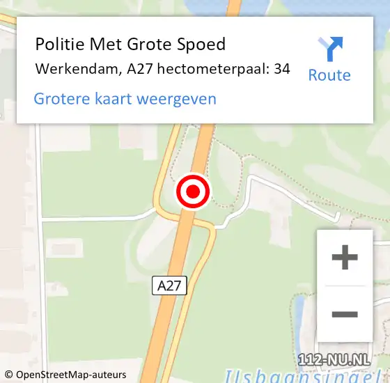 Locatie op kaart van de 112 melding: Politie Met Grote Spoed Naar Werkendam, A27 hectometerpaal: 34 op 25 juli 2021 11:39