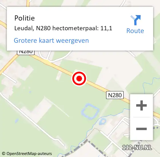 Locatie op kaart van de 112 melding: Politie Leudal, N280 hectometerpaal: 11,1 op 25 juli 2021 12:40