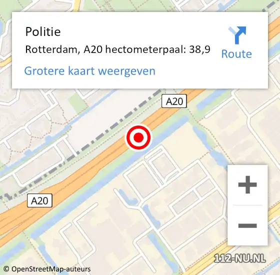 Locatie op kaart van de 112 melding: Politie Rotterdam, A20 hectometerpaal: 38,9 op 25 juli 2021 13:56