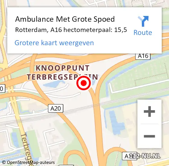 Locatie op kaart van de 112 melding: Ambulance Met Grote Spoed Naar Rotterdam, A16 hectometerpaal: 15,5 op 25 juli 2021 14:28