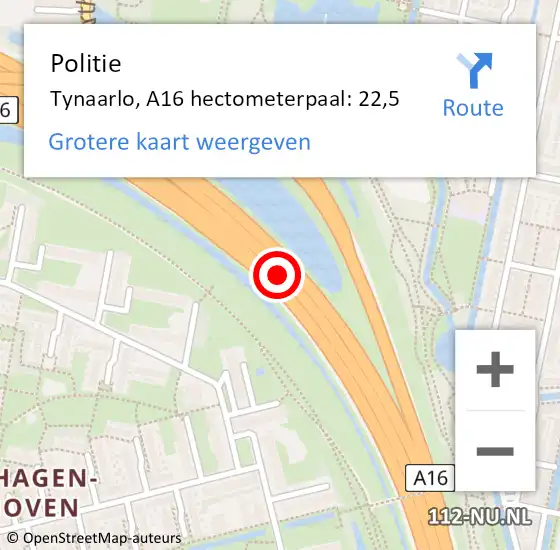 Locatie op kaart van de 112 melding: Politie Tynaarlo, A16 hectometerpaal: 22,5 op 25 juli 2021 15:54