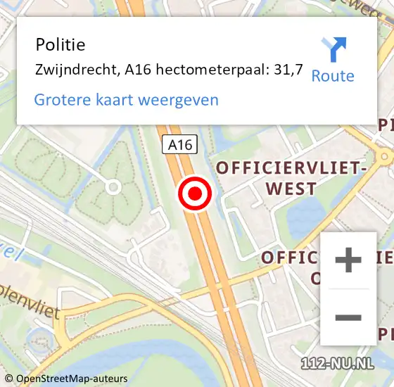 Locatie op kaart van de 112 melding: Politie Zwijndrecht, A16 hectometerpaal: 31,7 op 25 juli 2021 19:21