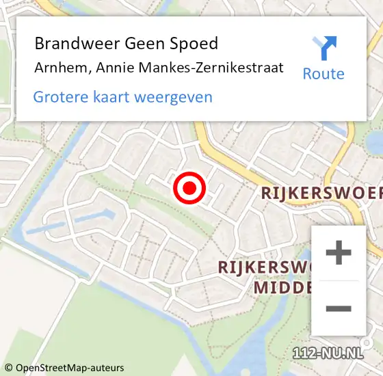 Locatie op kaart van de 112 melding: Brandweer Geen Spoed Naar Arnhem, Annie Mankes-Zernikestraat op 25 juli 2021 19:31