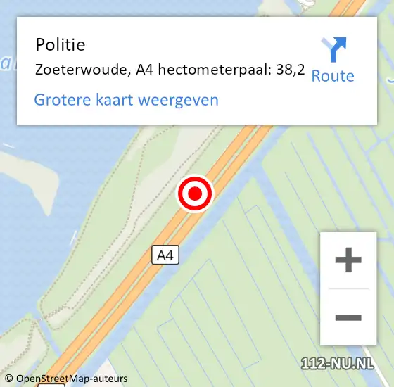 Locatie op kaart van de 112 melding: Politie Zoeterwoude, A4 hectometerpaal: 38,2 op 25 juli 2021 19:55