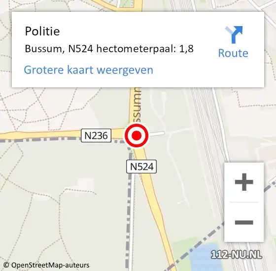 Locatie op kaart van de 112 melding: Politie Bussum, N524 hectometerpaal: 1,8 op 25 juli 2021 20:29