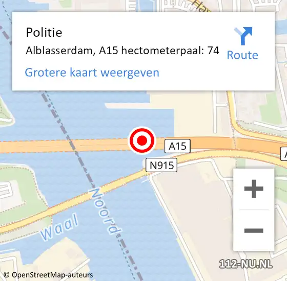 Locatie op kaart van de 112 melding: Politie Alblasserdam, A15 hectometerpaal: 74 op 25 juli 2021 20:51