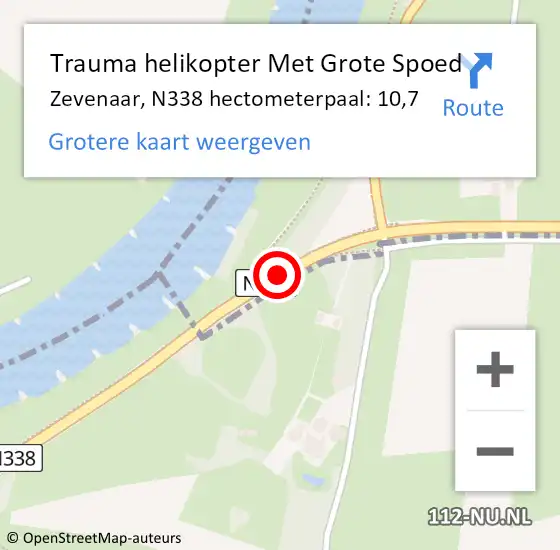 Locatie op kaart van de 112 melding: Trauma helikopter Met Grote Spoed Naar Zevenaar, N338 hectometerpaal: 10,7 op 25 juli 2021 21:44