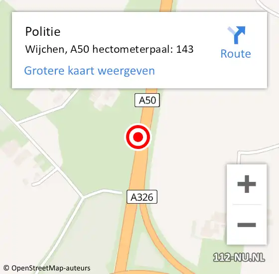 Locatie op kaart van de 112 melding: Politie Wijchen, A50 hectometerpaal: 143 op 25 juli 2021 22:38