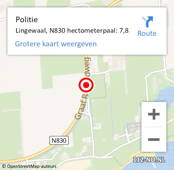 Locatie op kaart van de 112 melding: Politie Lingewaal, N830 hectometerpaal: 7,8 op 26 juli 2021 00:28