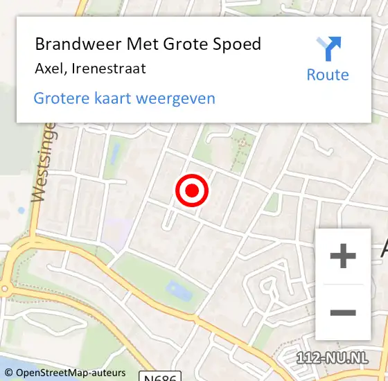 Locatie op kaart van de 112 melding: Brandweer Met Grote Spoed Naar Axel, Irenestraat op 26 juli 2021 05:41