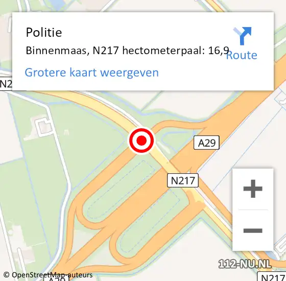 Locatie op kaart van de 112 melding: Politie Binnenmaas, N217 hectometerpaal: 16,9 op 26 juli 2021 08:14