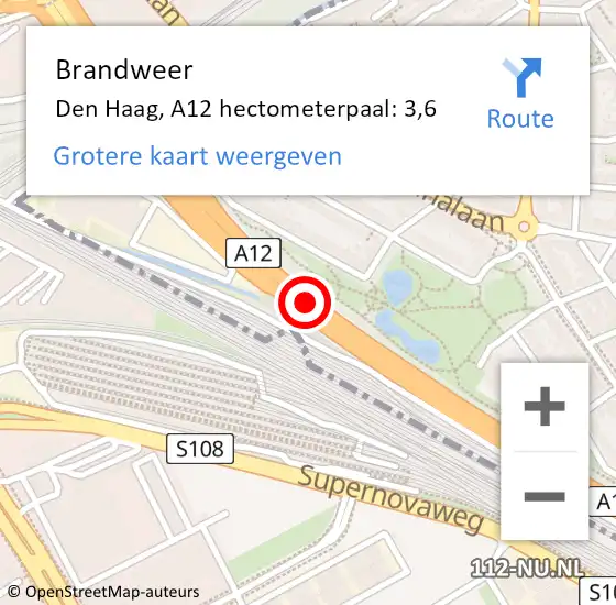 Locatie op kaart van de 112 melding: Brandweer Den Haag, A12 hectometerpaal: 3,6 op 26 juli 2021 13:27