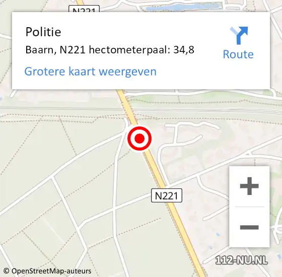 Locatie op kaart van de 112 melding: Politie Baarn, N221 hectometerpaal: 34,8 op 26 juli 2021 13:28