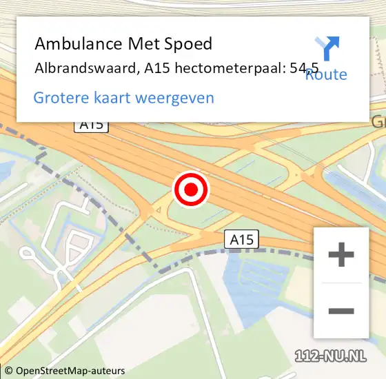 Locatie op kaart van de 112 melding: Ambulance Met Spoed Naar Albrandswaard, A15 hectometerpaal: 54,5 op 26 juli 2021 14:50