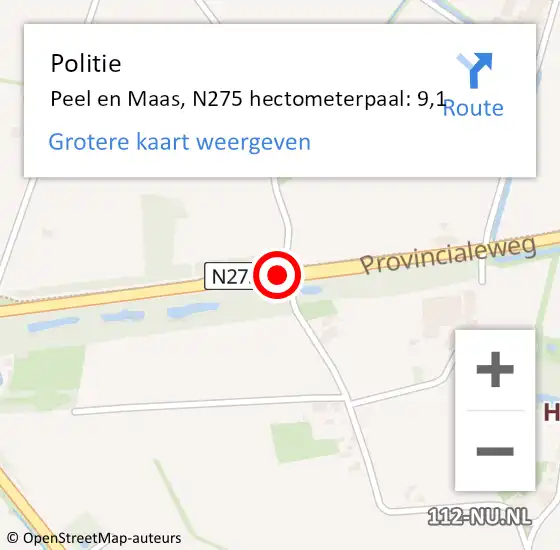 Locatie op kaart van de 112 melding: Politie Peel en Maas, N275 hectometerpaal: 9,1 op 26 juli 2021 16:15