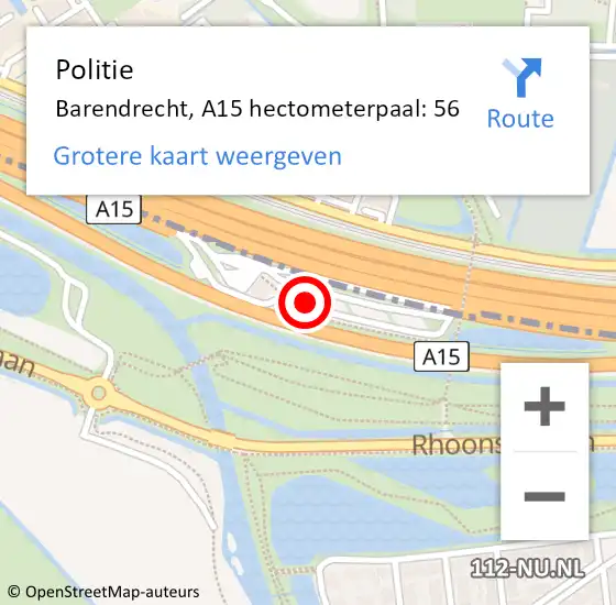 Locatie op kaart van de 112 melding: Politie Barendrecht, A15 hectometerpaal: 56 op 26 juli 2021 16:37