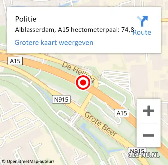 Locatie op kaart van de 112 melding: Politie Alblasserdam, A15 hectometerpaal: 74,8 op 26 juli 2021 18:05
