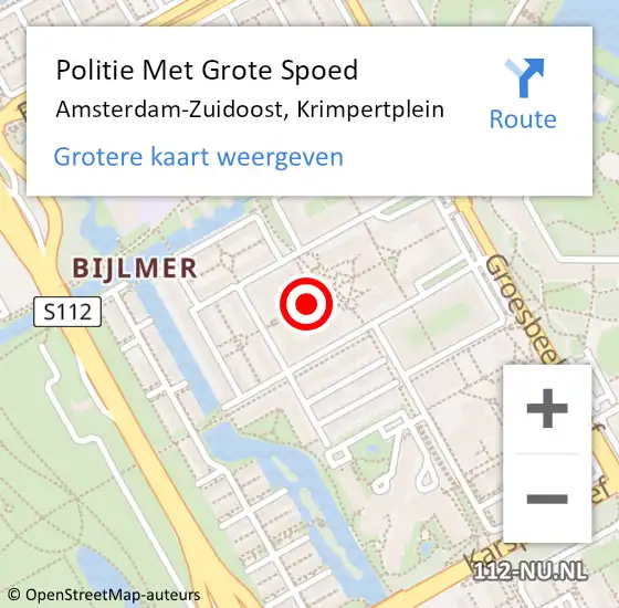 Locatie op kaart van de 112 melding: Politie Met Grote Spoed Naar Amsterdam-Zuidoost, Krimpertplein op 26 juli 2021 22:44