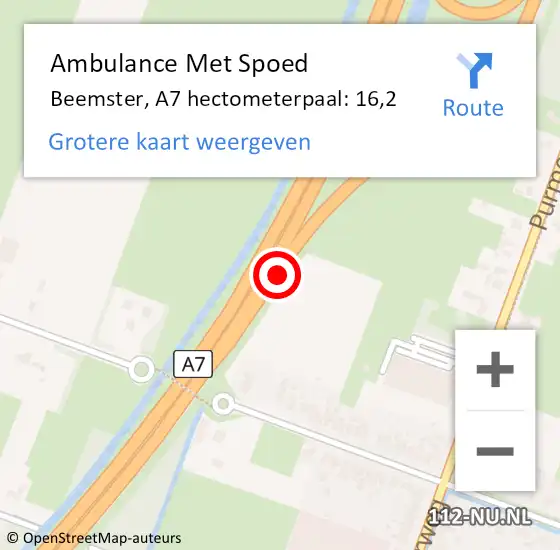 Locatie op kaart van de 112 melding: Ambulance Met Spoed Naar Beemster, A7 hectometerpaal: 16,2 op 27 juli 2021 00:51