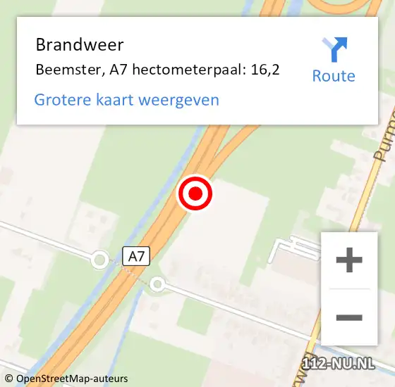 Locatie op kaart van de 112 melding: Brandweer Beemster, A7 hectometerpaal: 16,2 op 27 juli 2021 00:56