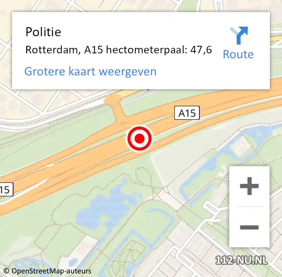 Locatie op kaart van de 112 melding: Politie Rotterdam, A15 hectometerpaal: 47,6 op 27 juli 2021 06:05