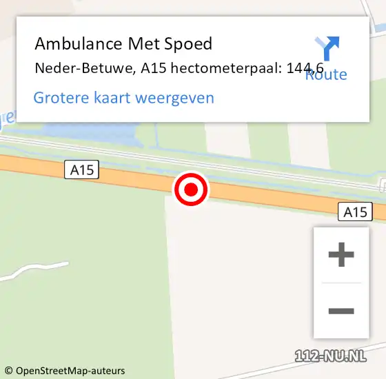 Locatie op kaart van de 112 melding: Ambulance Met Spoed Naar Neder-Betuwe, A15 hectometerpaal: 144,6 op 27 juli 2021 08:15