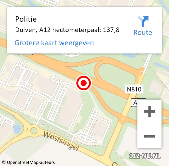 Locatie op kaart van de 112 melding: Politie Duiven, A12 hectometerpaal: 137,8 op 27 juli 2021 08:20