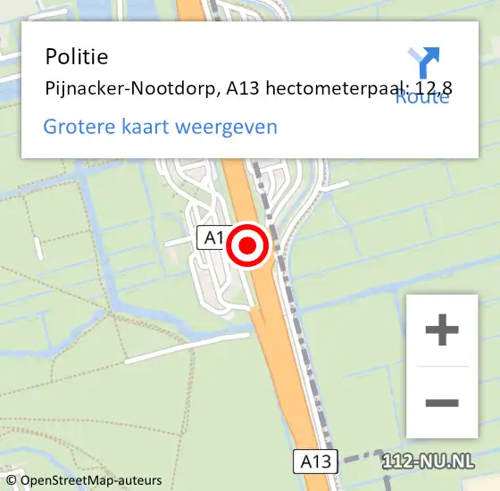 Locatie op kaart van de 112 melding: Politie Pijnacker-Nootdorp, A13 hectometerpaal: 12,8 op 27 juli 2021 08:40